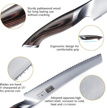 HOSHANHO Bread Knife 10 inch, Japanese High Carbon Stainless Steel Serrated Bread Knife, Professional Bread Cutting Knife for Homemade Bread - PuriLite