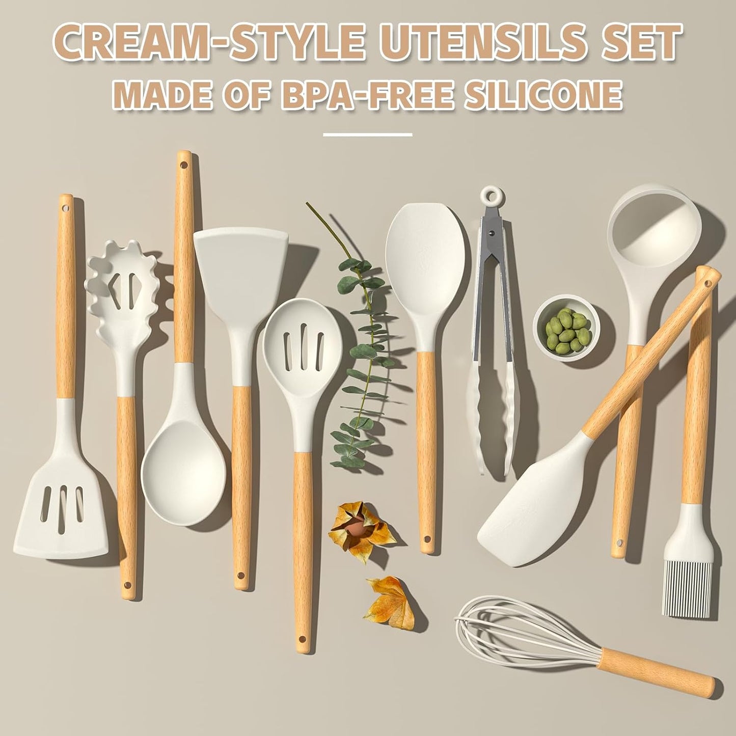 Umite Chef Kitchen Cooking Utensils Set, 33 pcs Non-Stick Silicone Cooking Kitchen Utensils Spatula Set with Holder, Wooden Handle Silicone Kitchen Gadgets Utensil Set (Khaki) - PuriLite