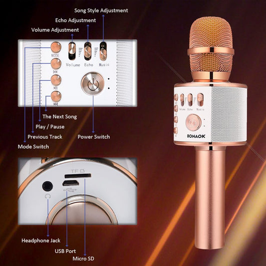 BONAOK Wireless Bluetooth Karaoke Microphone – 3-in-1 Portable Mic & Speaker, Echo Control, MP3 Playback, Compatible with Smartphones, Home Party & Birthday Fun – Rose Gold - PuriLite