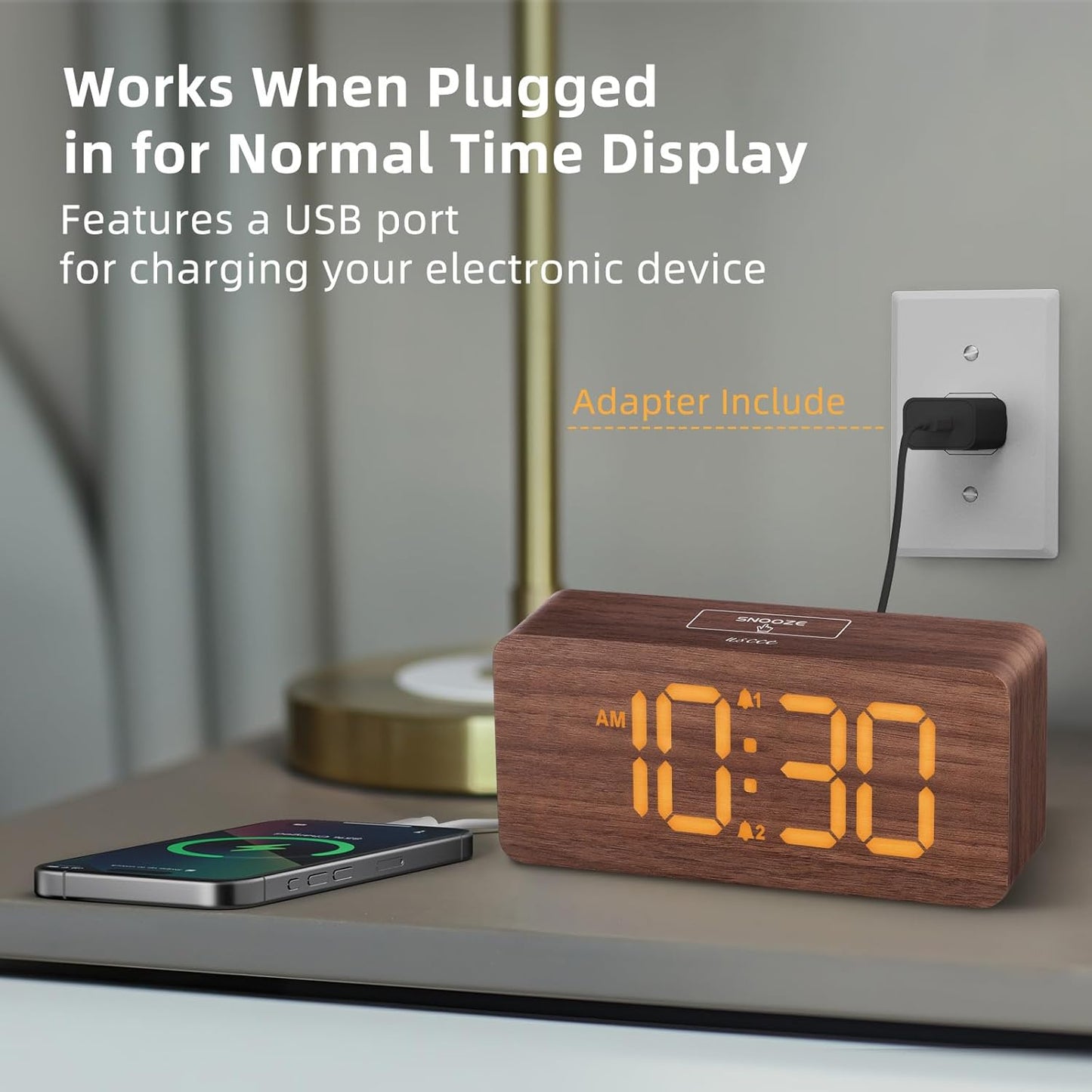 Purilite Select Wooden Digital Alarm Clock with Large LED Display - PuriLite