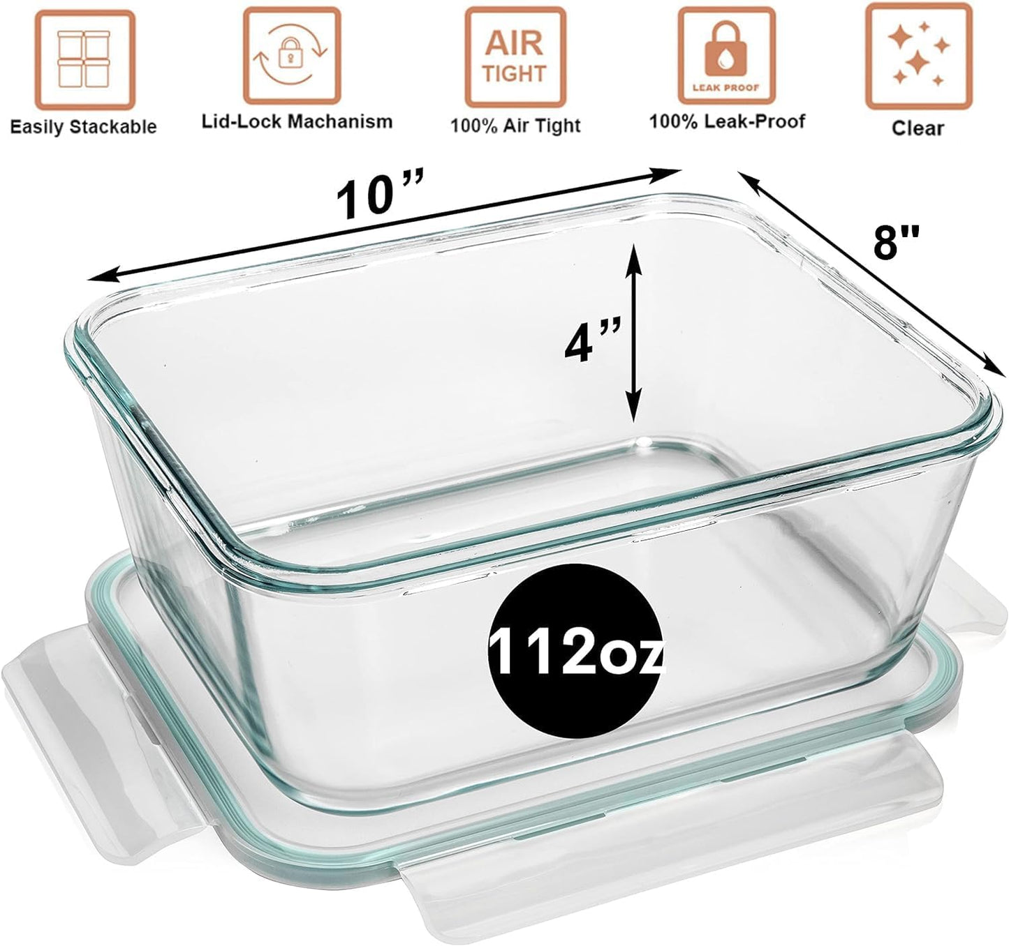 Razab 3300 Ml / 112 Oz Large Glass Container Food Storage with Lids - Leakproof, BPA-Free Large Meal Prep Container Ideal for Roasting Turkey, Store Leftover - Microwave & Oven Safe - PuriLite