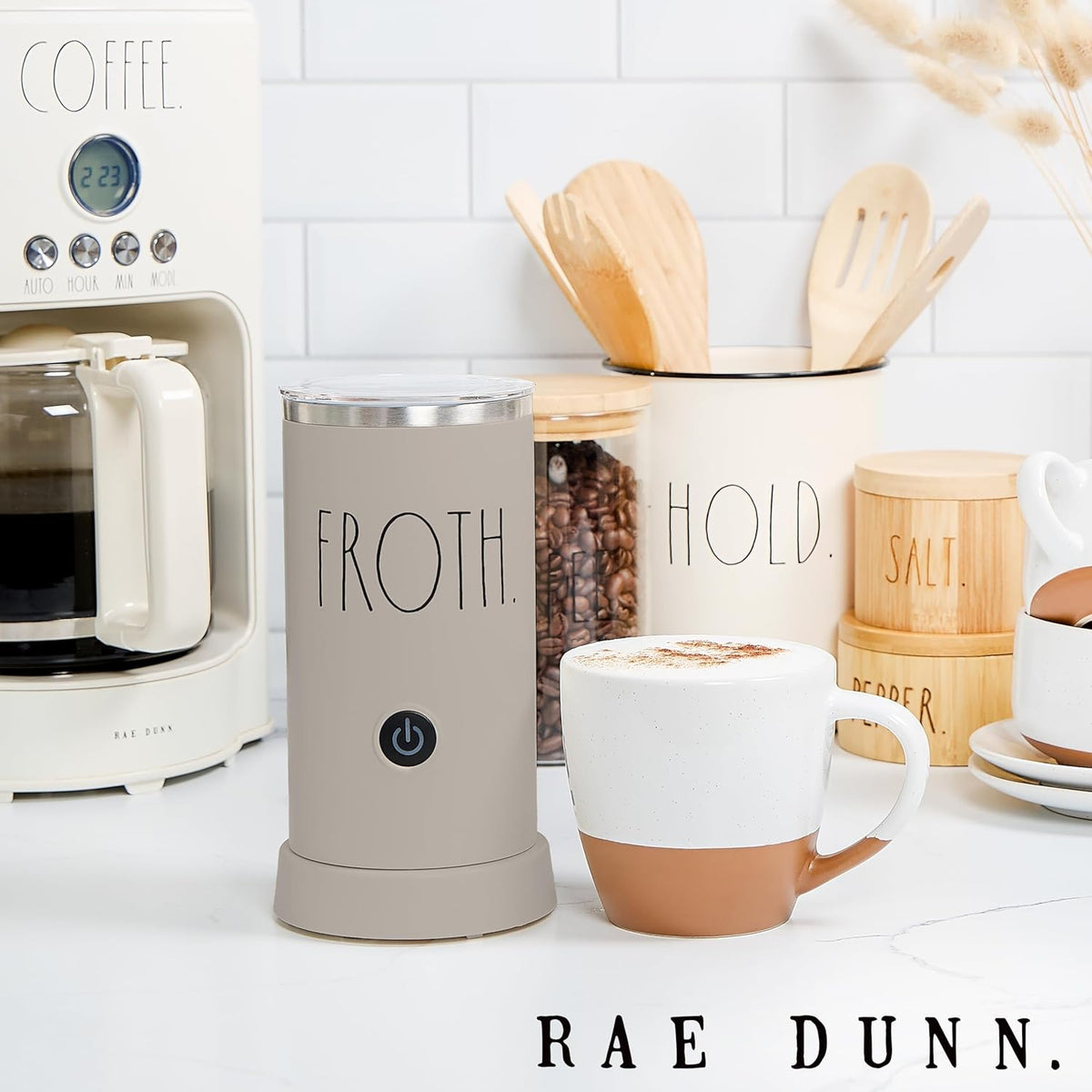 Rae Dunn - Electric Milk Frother - Elegant Automatic Milk Steamer and Frother, Milk Warmer, Hot and Cold Frothing Machine for Coffee, Latte, Cappuccino, Macchiato, - PuriLite