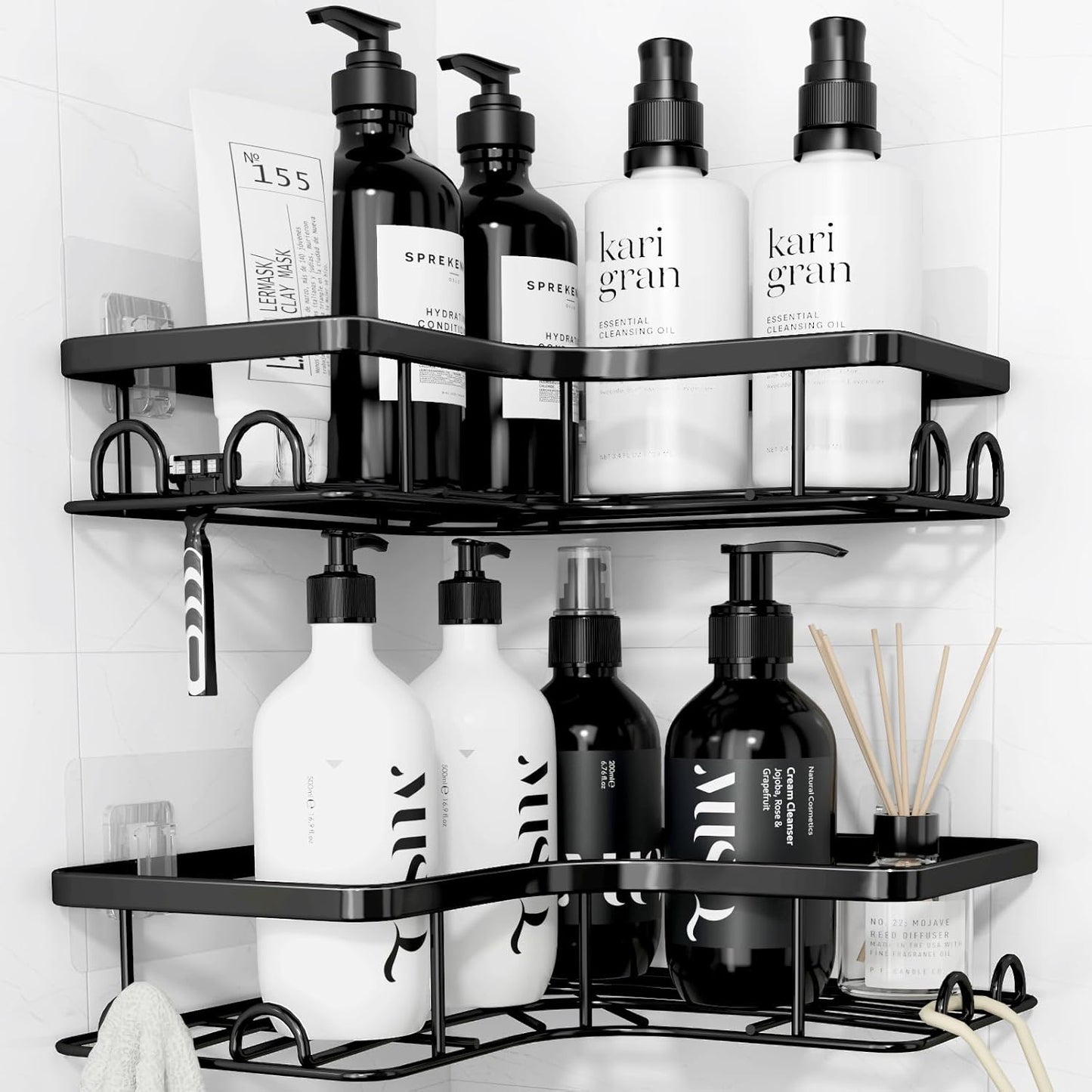 Kitsure Corner Shower Caddy - 2 Pack Rustproof Shower Organizer, Durable Shower Shelf with Large Capacity, Drill-Free Adhesive Bathroom Shelves with 4 Movable Hooks, 11.0 x 21.5 x 4.5cm, Black - PuriLite