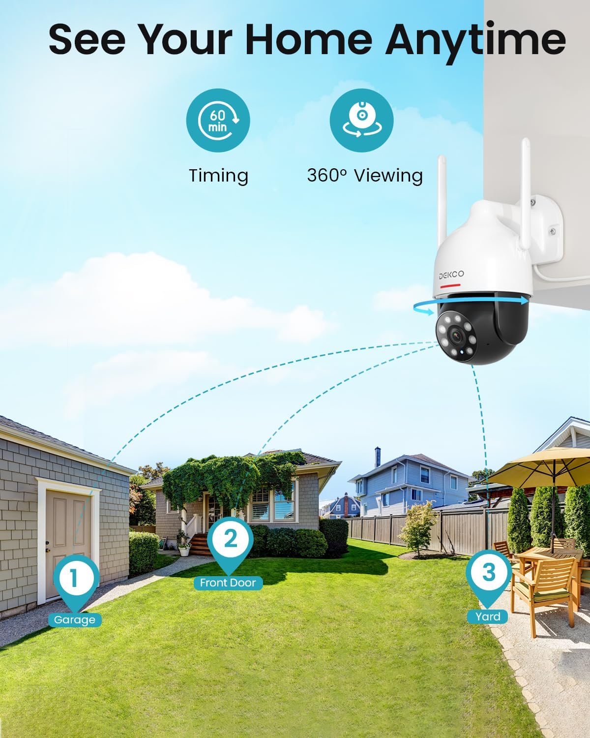 DEKCO 2K Outdoor Security Camera with 360 Degree Pan-Tilt Motion Tracking, Home Camera Surveillance Exterieur, WiFi Camera, Full Color Night Vision Sound-Light Alarm, 2-Way Audio, Waterproof - PuriLite