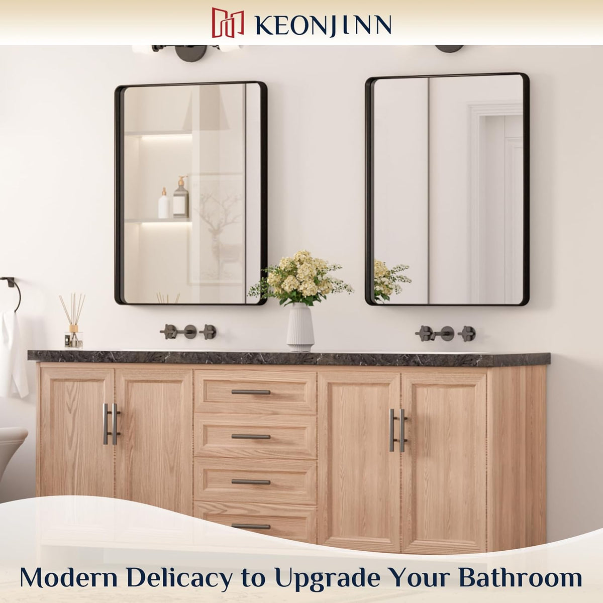 Keonjinn 42 x 36 Brushed Nickel Bathroom Vanity Mirror, Large Rounded Rectangle Bathroom Mirrors for over Sink, Metal Framed Silver Mirror for Wall, Shatterproof HD Tempered Glass(Horizontal/Vertical) - PuriLite