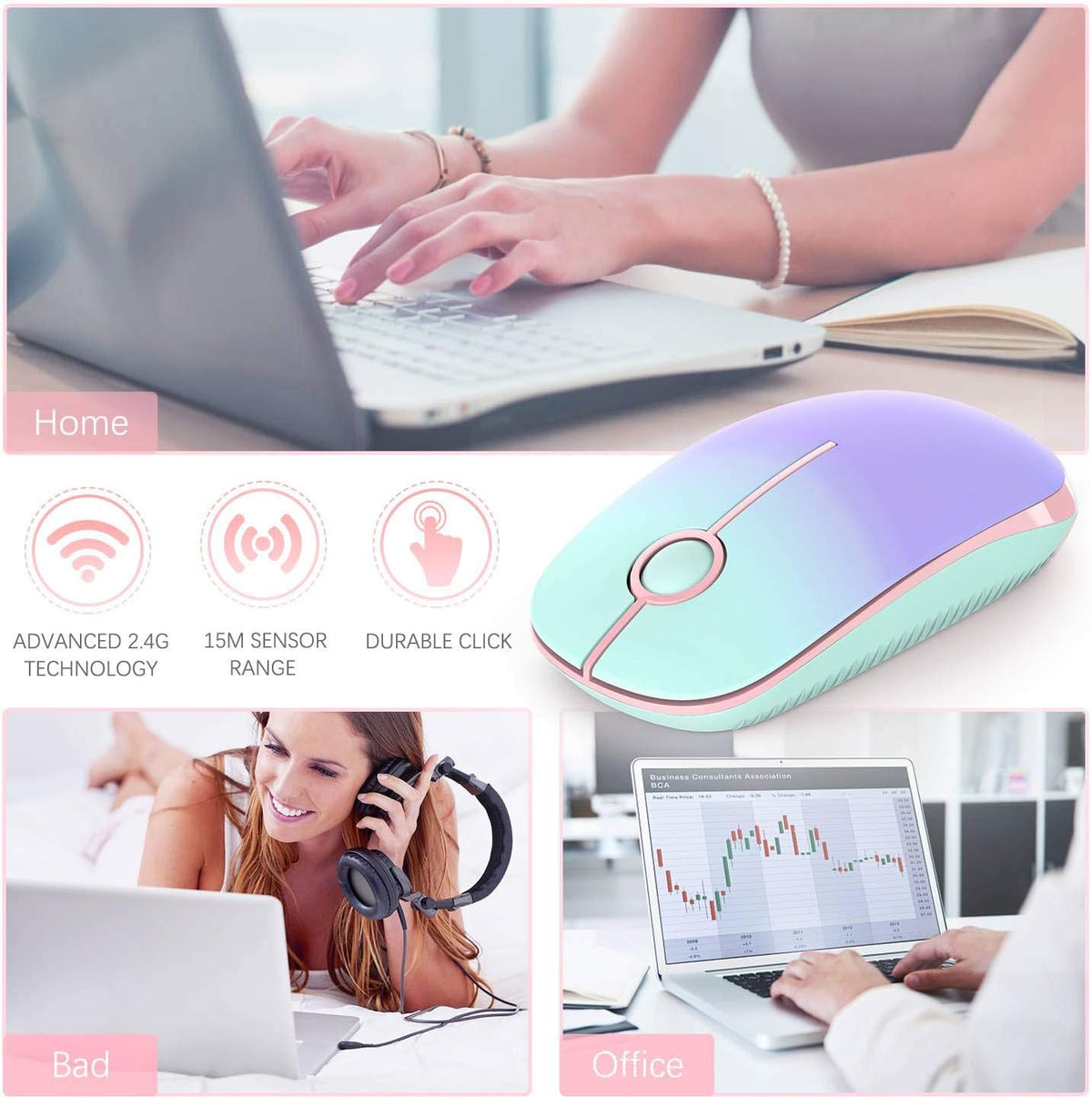 Wireless Mouse, Vssoplor 2.4G Slim Portable Computer Mice with Nano Receiver for Notebook, PC, Laptop, Computer (Black and Gray) - PuriLite