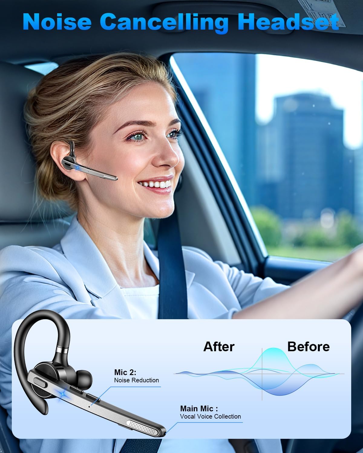 Bluetooth Headset V5.1, Wireless Headset with 500mAh Charging Case ENC Noise Cancelling Microphone, Bluetooth Earpiece 72H Talk Hands-Free Headphones for Cell Phone Office Business Driving (M51) - PuriLite