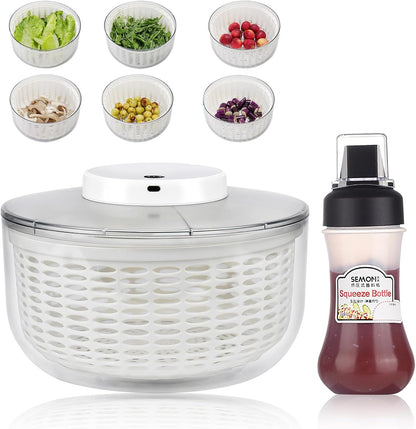 Electric Salad Spinner 6L Automatic Salad Spinner with 350 ml Squeeze Bottle, Quick Dehydrator for Fruit Vegetables,Lettuce Spinner with Lid, Multifunction Large Capacity, USB Rechargeable - PuriLite