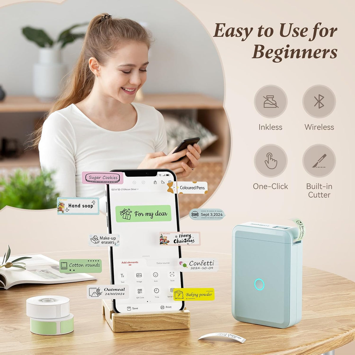 NIIMBOT D110 Mini Label Maker Machine with Tape(Pre-Cut Size 12x40mm), Portable Bluetooth Sticker Printer, Inkless Automatic Feeding One-Touch Custom Printing, Compatible with Phone Only - PuriLite
