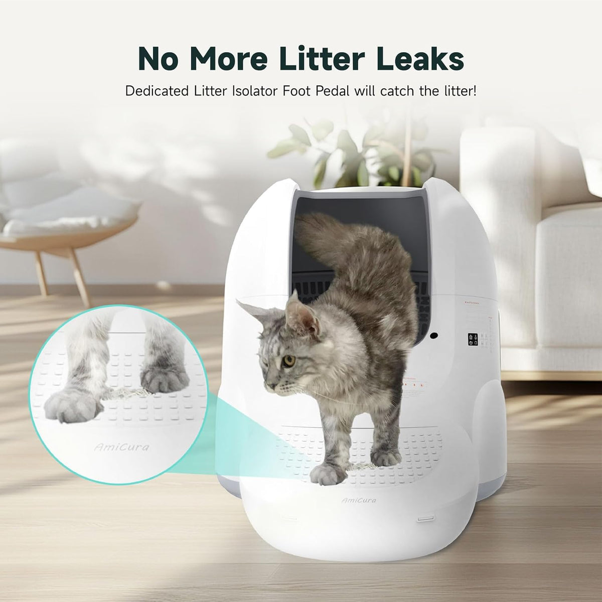 Amicura Automatic Cat Litter Box, Self Cleaning, 360-Degree Detection Smart Anti-Pinch, App Control, Odor-Proof, 65L Extra Large Open-top Cat Litter Box, Ultra Quiet Cat Toilet - PuriLite