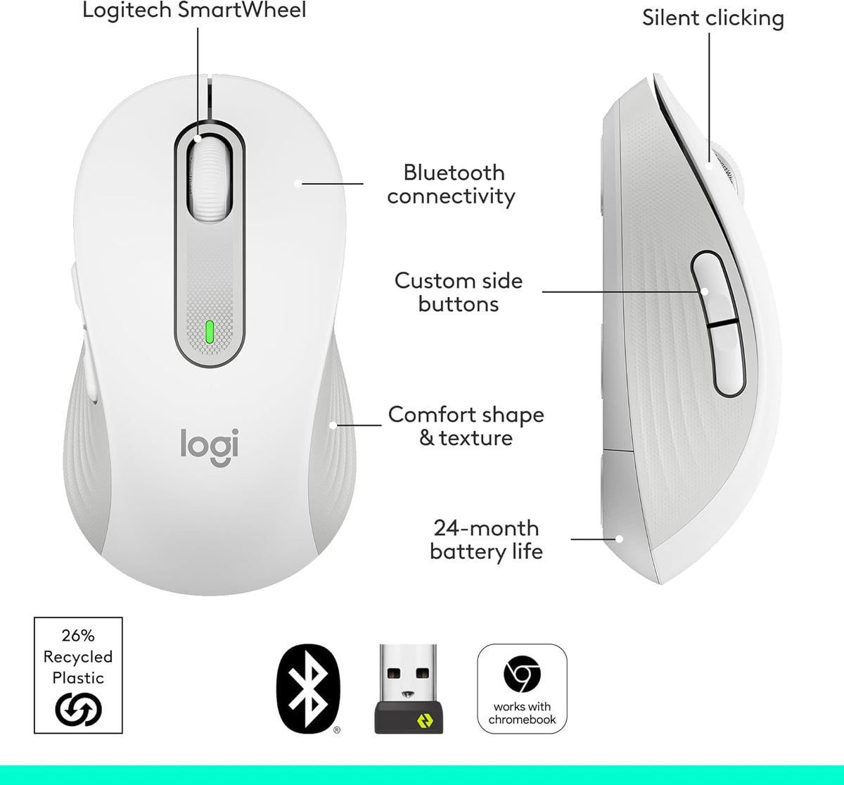 Logitech Signature M650 L Full Size Wireless Mouse - For Large Sized Hands, 2-Year Battery, Silent Clicks, Customizable Side Buttons, Bluetooth, for PC/Mac/Multi-Device/Chromebook - Black - PuriLite