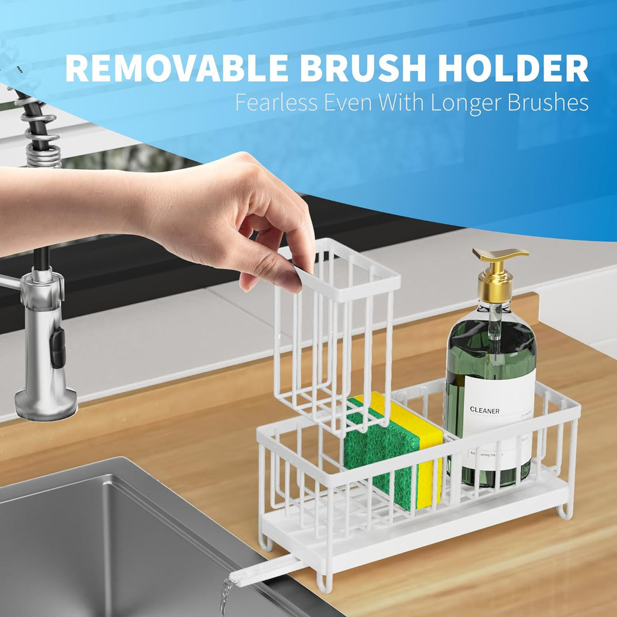 Cisily Sponge Holder for Kitchen Sink, Sink Caddy with High Brush Holder, Organzier Rustproof 304 Stainless Steel Dish Organizer Divider, Soap Dispenser Storage (Black) - PuriLite