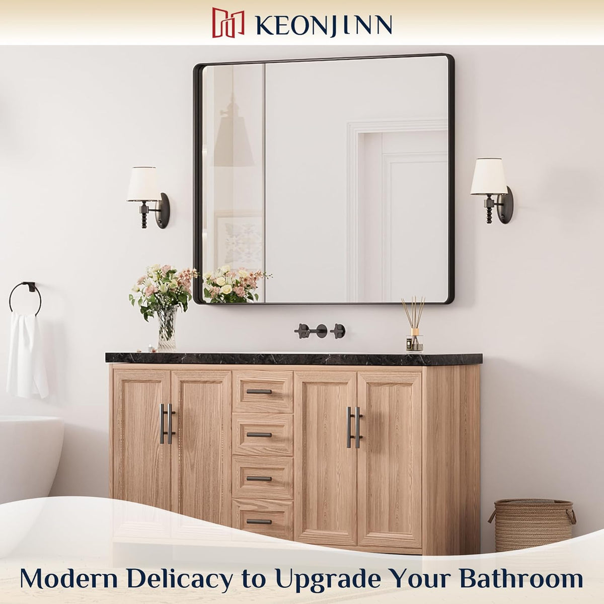 Keonjinn 42 x 36 Brushed Nickel Bathroom Vanity Mirror, Large Rounded Rectangle Bathroom Mirrors for over Sink, Metal Framed Silver Mirror for Wall, Shatterproof HD Tempered Glass(Horizontal/Vertical) - PuriLite