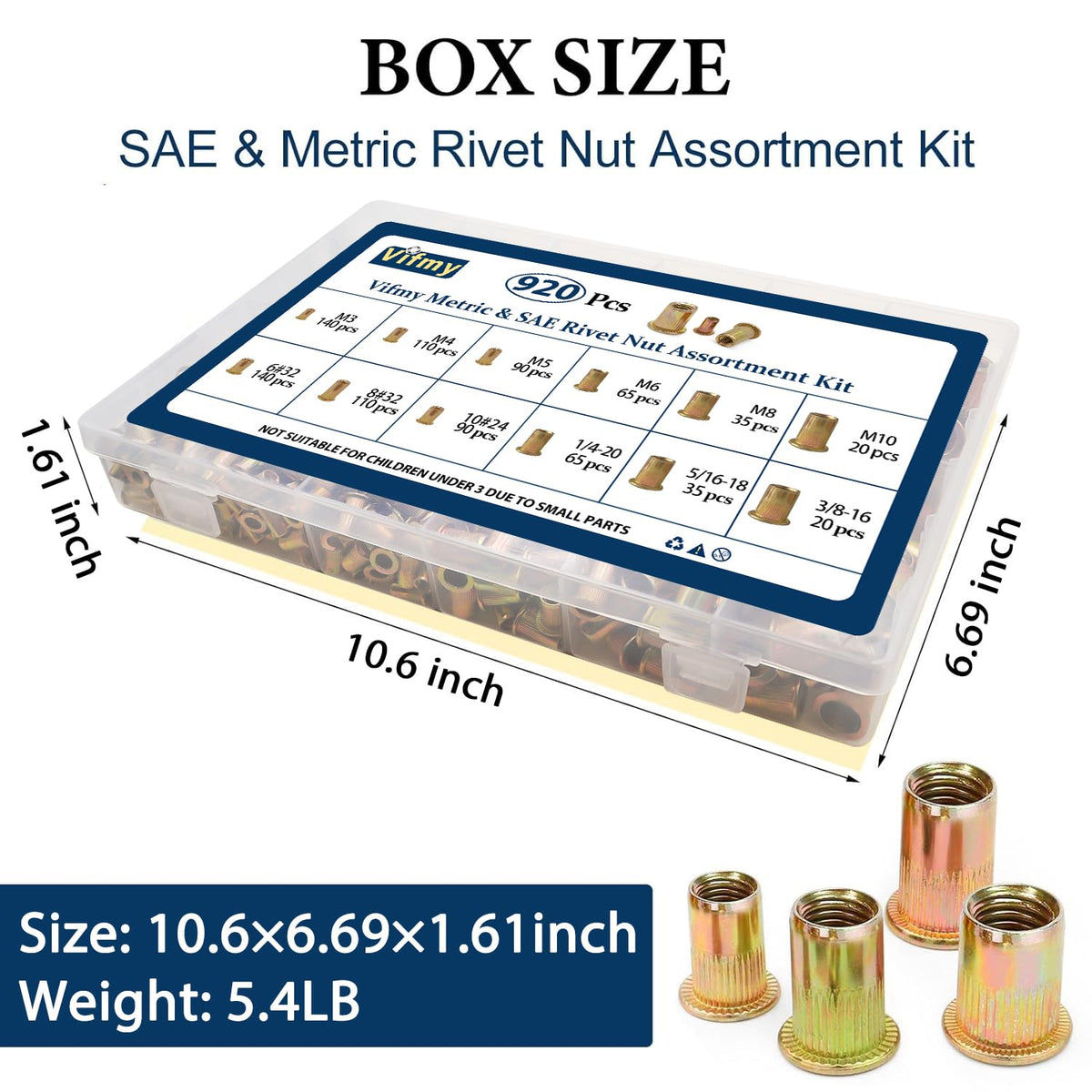 Vifmy Metric & SAE Rivet Nut Assortment Kit(420 Pcs),m3 m4 m5 m6 m8 m10 m12#6-32#8-32#10-24 1/4"-20 5/16"-18 3/8"-16 UNC Flat Head Rivnut Set,Zinc Plated Finish Carbon Steel Nutsert - PuriLite