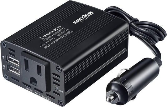 Bapdas 150W Car Power Inverter with 1 DC 12V to 110V AC Outlet Converter and 2 USB Ports Auto Charger Adapter for Laptops and Smartphones-Black - PuriLite