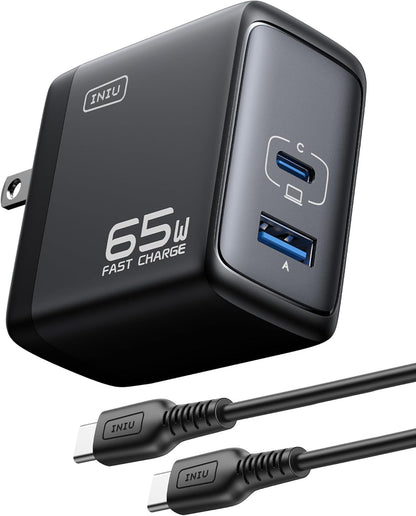INIU USB C Charger, 65W Fast Charging GaN Wall Charger, 2-Port Compact Foldable PD PPS Charger Block for MacBook Pro/Air, iPad Pro, iPhone 16/15, Galaxy S23, Dell XPS 13, Note 20/10+, Steam Deck - PuriLite