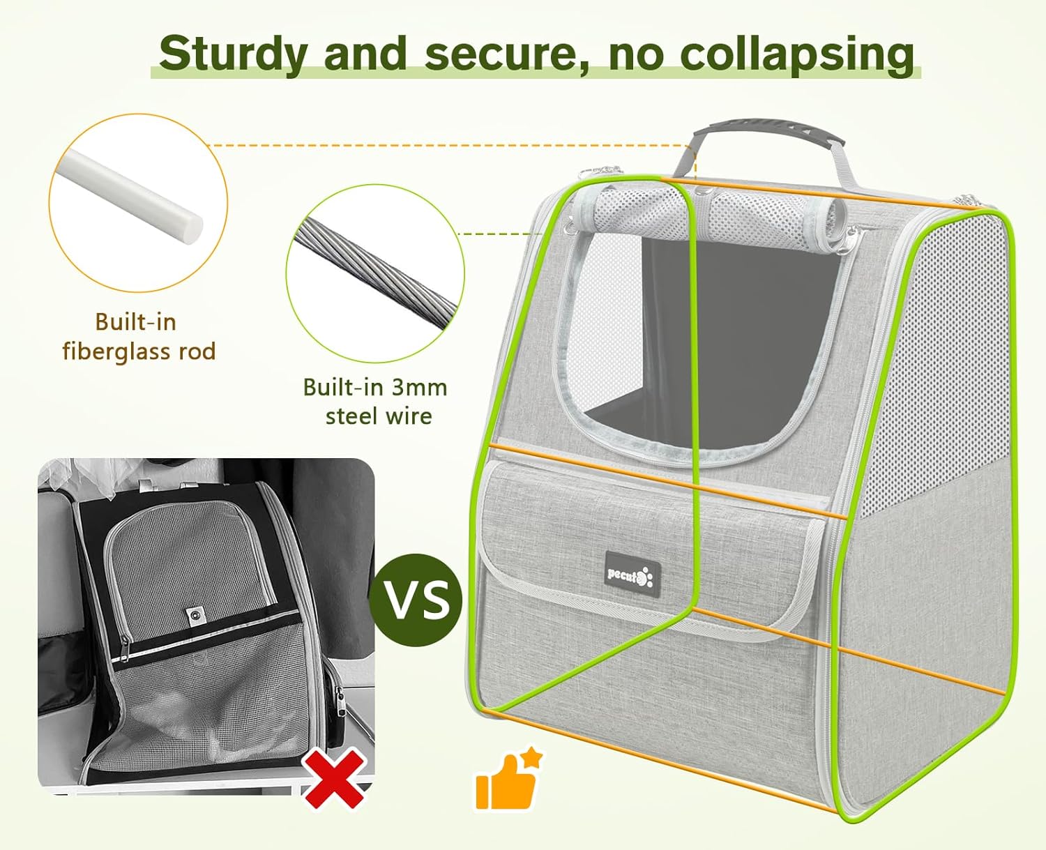 Pecute Expandable Cat Backpack Carrier, Small Dog Backpack Carrier, Pet Backpack Carriers for Cats Dogs Puppy Kitten, Cat Carriers Bag Carrying for Travel Hiking Bike Riding Walking Outdoor,Grey - PuriLite