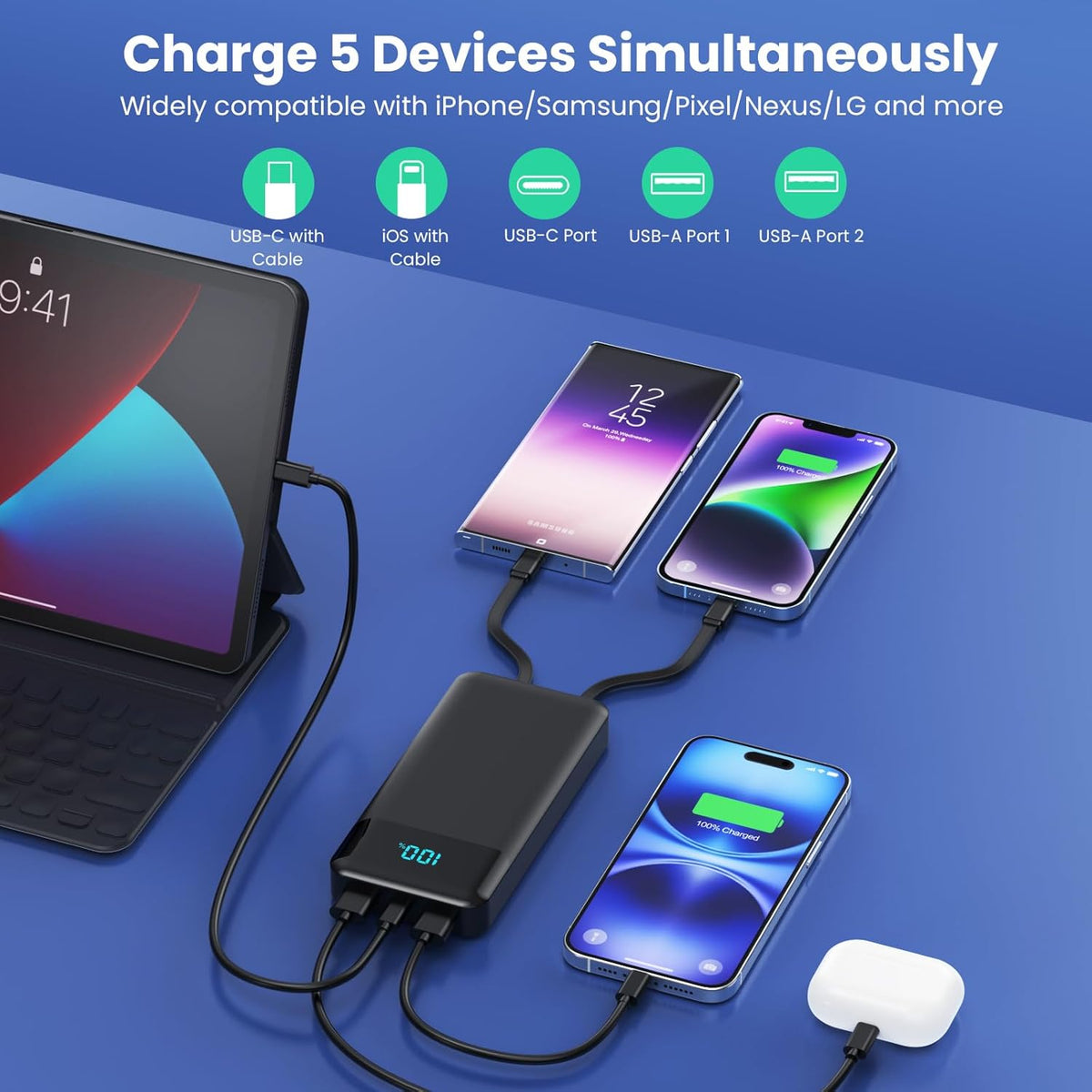 Power Bank 40800mAh Portable Charger with 3 Built-in Cable,25W PD USB C in&Out Power Bank Fast Phone Charging,QC4.0 LED Display Portable Battery Pack Compatible with iPhone 16/15,Samsung Android-Black - PuriLite