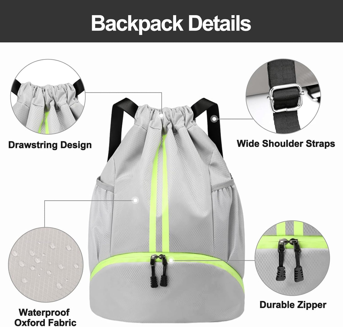 Hoedia Sports Drawstring Backpack - String Swim Gym Bag with Shoes Compartment and Wet Proof Pocket for Women/Men - PuriLite