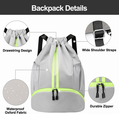 Hoedia Sports Drawstring Backpack - String Swim Gym Bag with Shoes Compartment and Wet Proof Pocket for Women/Men - PuriLite