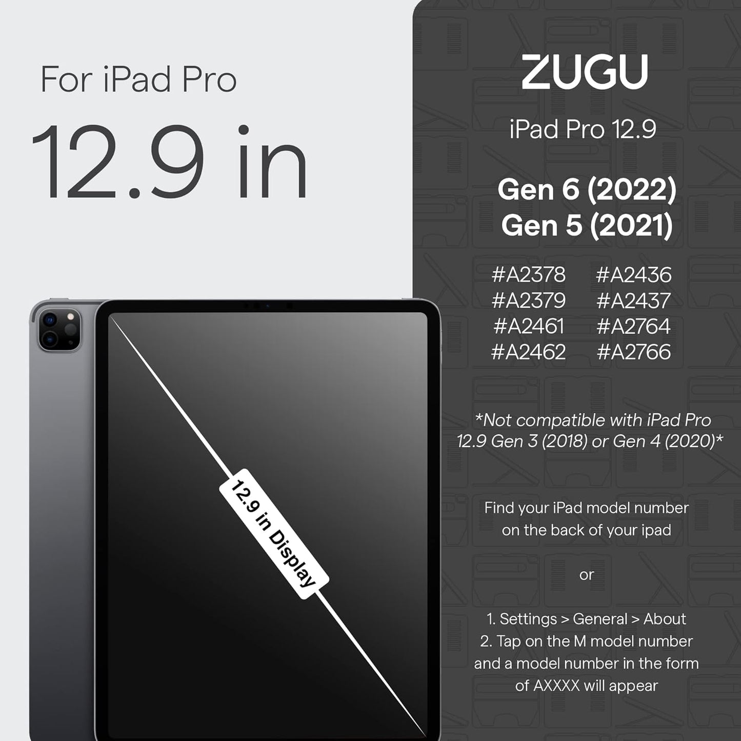 ZUGU iPad Pro 12.9 Case 2022/2021 6th & 5th Generation - Ultra Slim Protective Cover - Wireless Apple Pencil Charging - Convenient 10-Angle Magnetic Stand & Auto Sleep/Wake [ Black ] - PuriLite