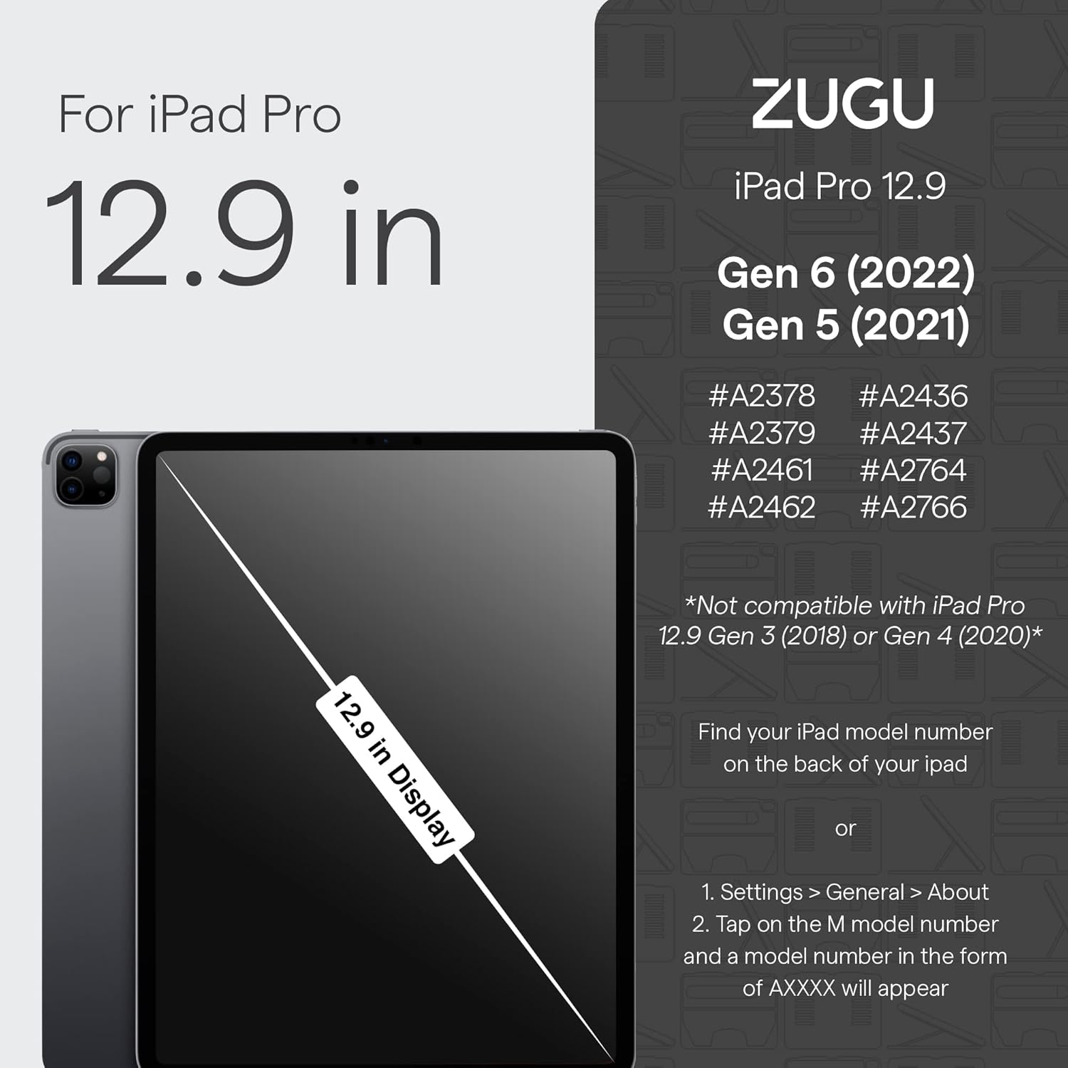 ZUGU iPad Pro 12.9 Case 2022/2021 6th & 5th Generation - Ultra Slim Protective Cover - Wireless Apple Pencil Charging - Convenient 10-Angle Magnetic Stand & Auto Sleep/Wake [ Black ] - PuriLite