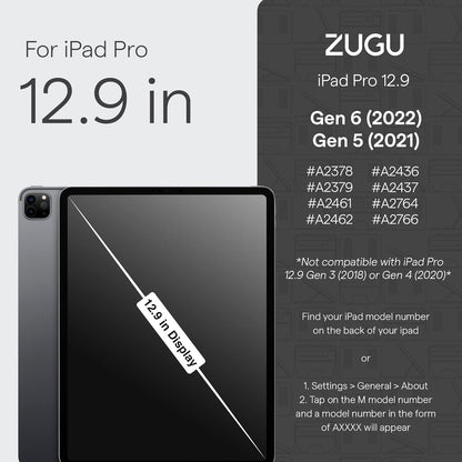 ZUGU iPad Pro 12.9 Case 2022/2021 6th & 5th Generation - Ultra Slim Protective Cover - Wireless Apple Pencil Charging - Convenient 10-Angle Magnetic Stand & Auto Sleep/Wake [ Black ] - PuriLite