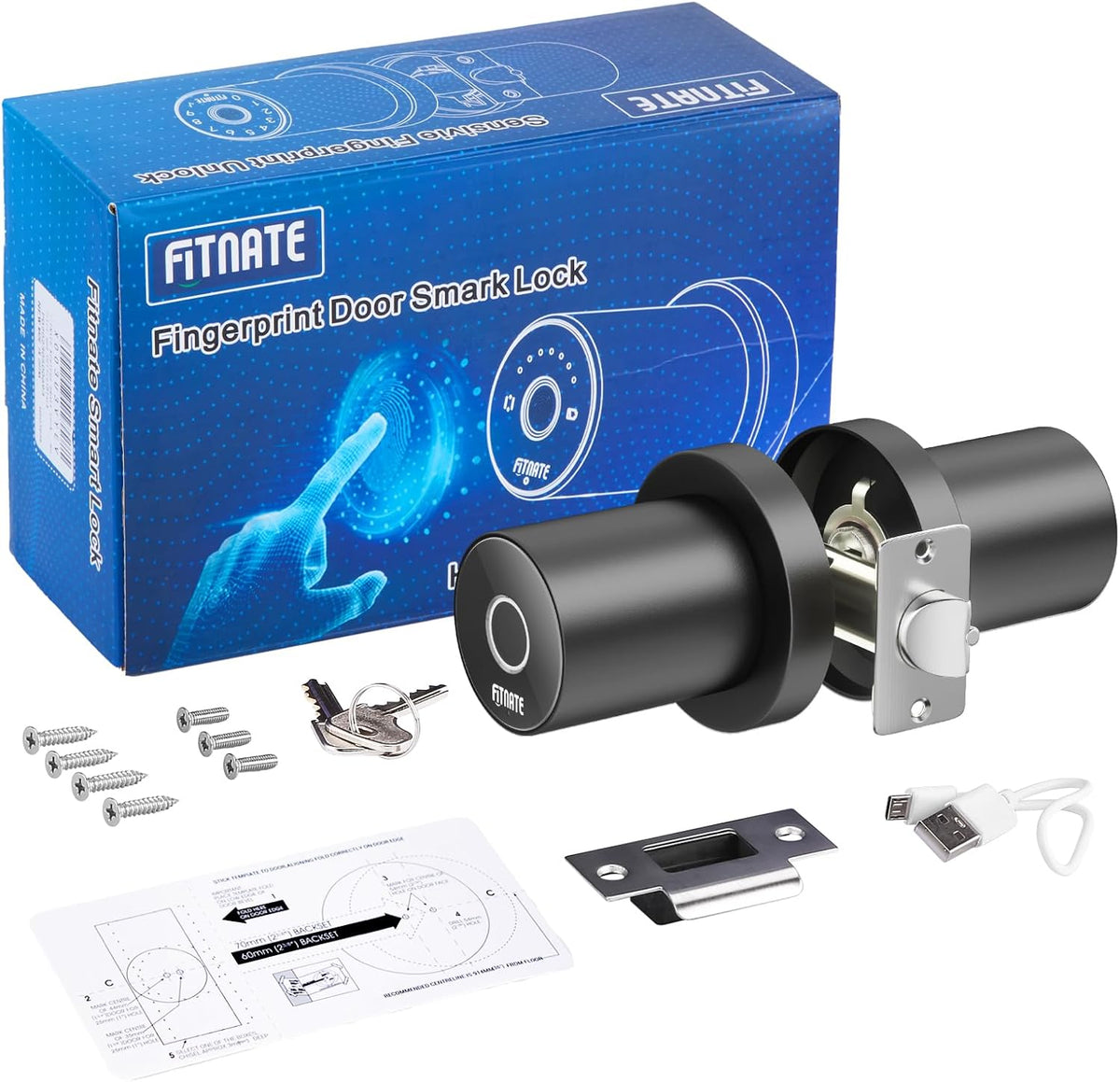FITNATE Fingerprint Door Knob, Smart Biometric Door Lock with App Control, Keyless Entry Door Knob with Bluetooth Digital Code, Touch to Open Knob for Bedroom,Home,Hotel,Office, Black - PuriLite