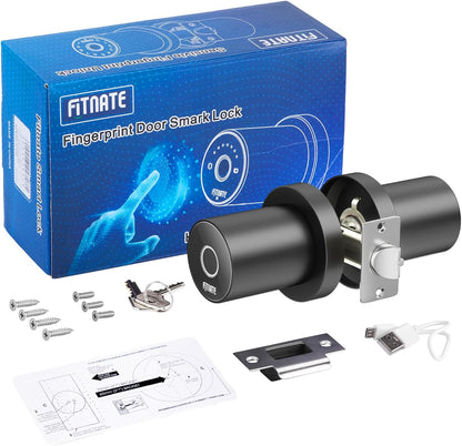 FITNATE Fingerprint Door Knob, Smart Biometric Door Lock with App Control, Keyless Entry Door Knob with Bluetooth Digital Code, Touch to Open Knob for Bedroom,Home,Hotel,Office, Black - PuriLite