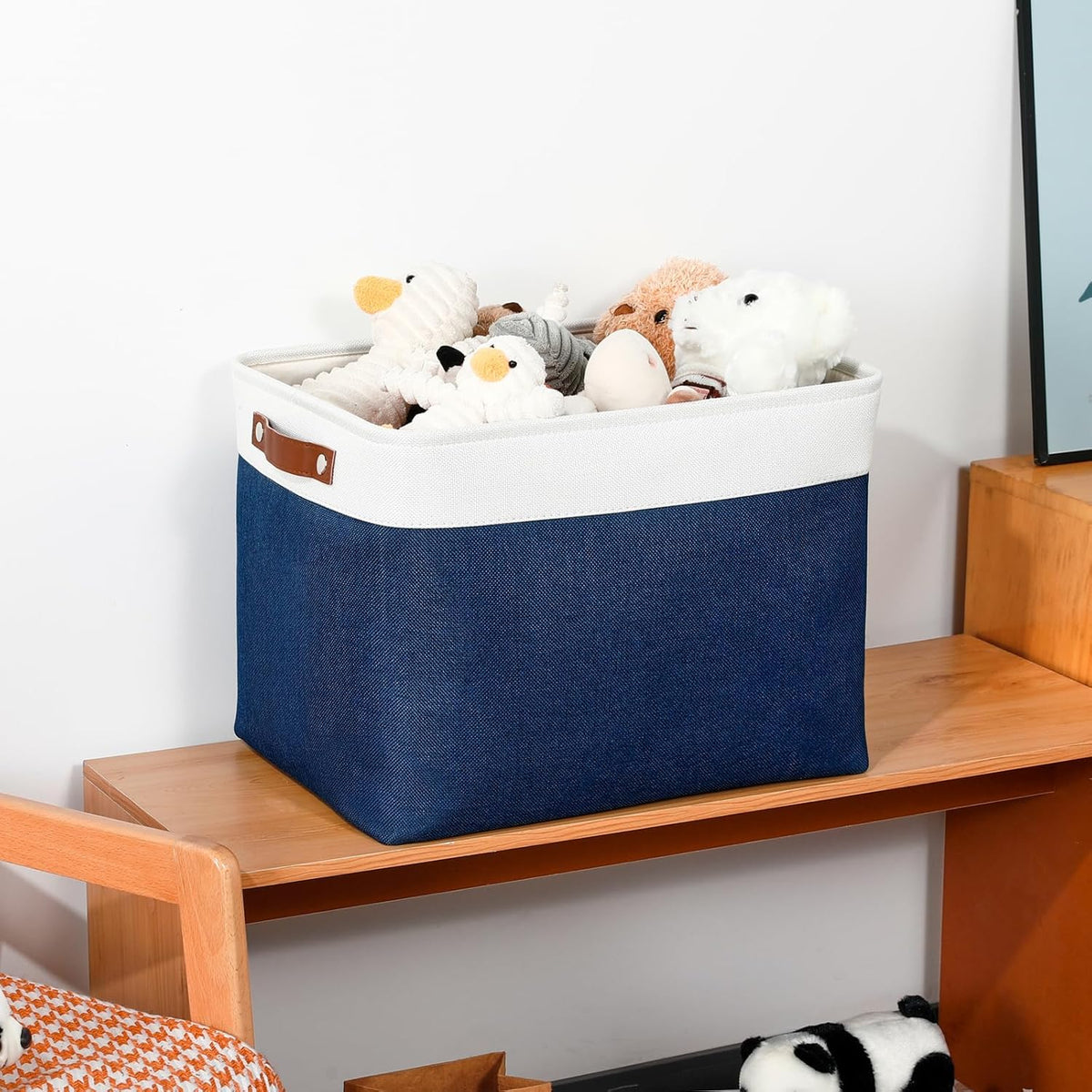 DULLEMELO Storage Baskets for Shelves, Fabric Collapsible Rectangular Storage Bins for Shelves, Closets, Nursery, Home, Office, Empty Gift Baskets (White&Teal) - PuriLite