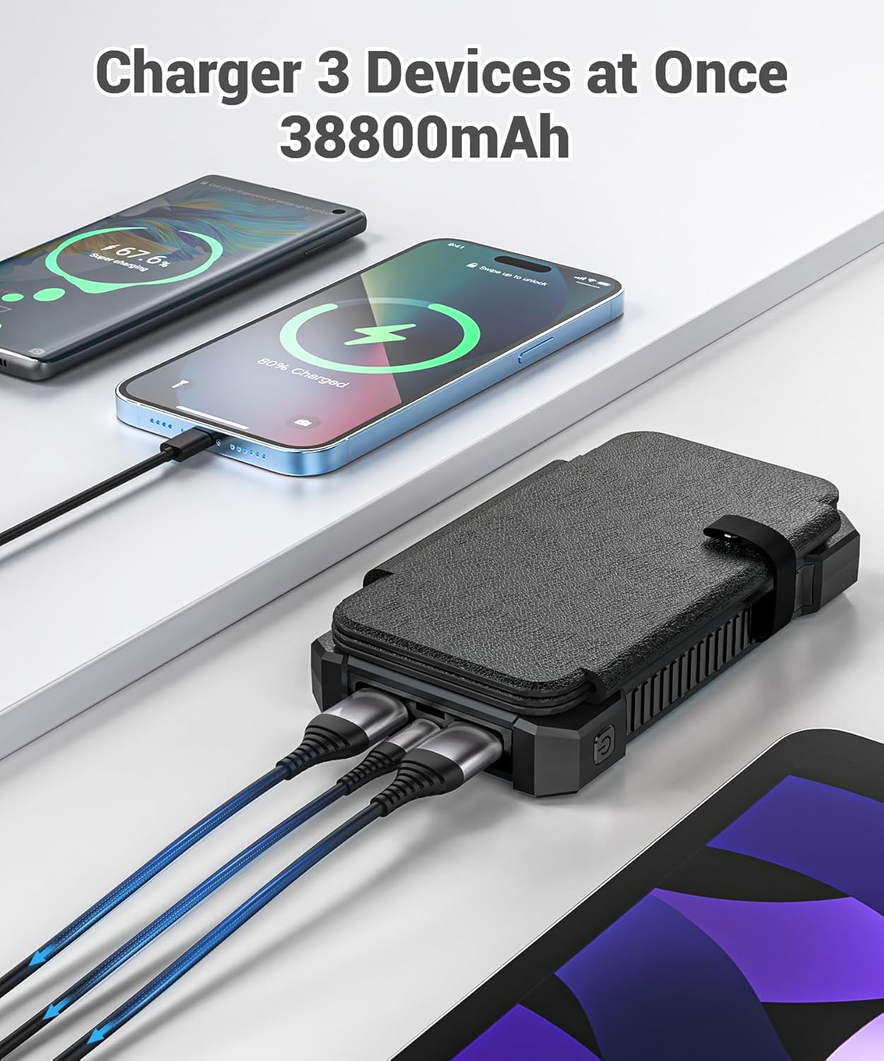 Solar Power Bank 38800mAh with 4 Solar Panels, Portable Charger USB C 18W Fast Charge for iPhone Samsung, IP67 Waterproof Outdoor External Battery Pack with Flashlight Light/SOS/Strobe - PuriLite