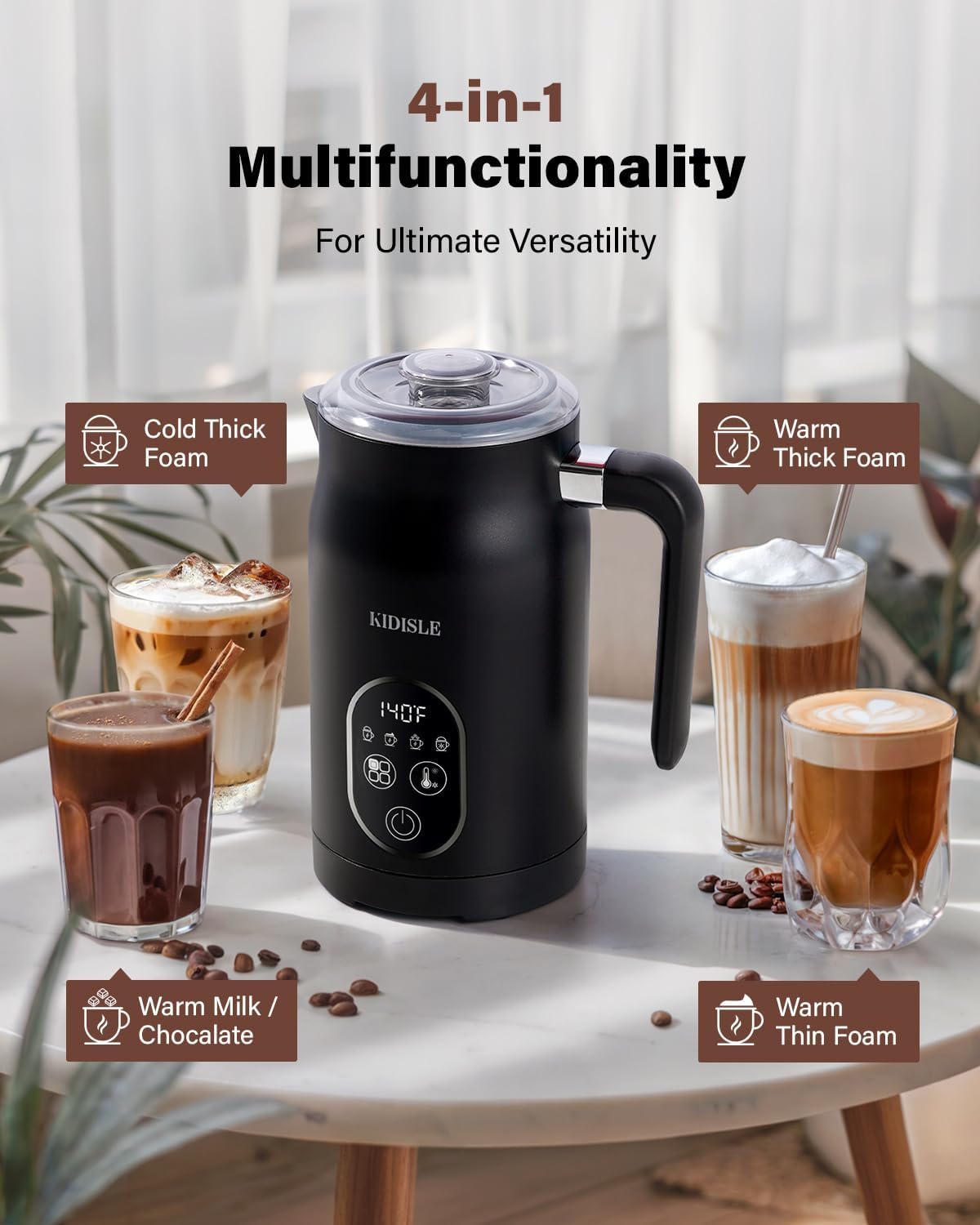 KIDISLE - 4 in 1 Electric Milk Frother with Automatic Temperature Control, Hot Cold Frothing Machine, Fast Foam Machine for Coffee, Latte, Hot Chocolate, Cappuccino, Macchiato, - PuriLite