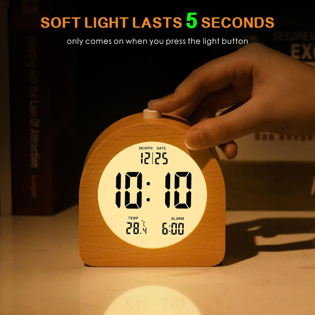 Plumeet Wooden Digital Alarm Clock for Bedrooms, Wood 4'' Battery Powered Alarm Clock with Snooze and Nightlight, Electronic LCD Desk Clock Display Time, Date, Temp, 12/24H, Wood Décor (Sapele, 3.2'') - PuriLite