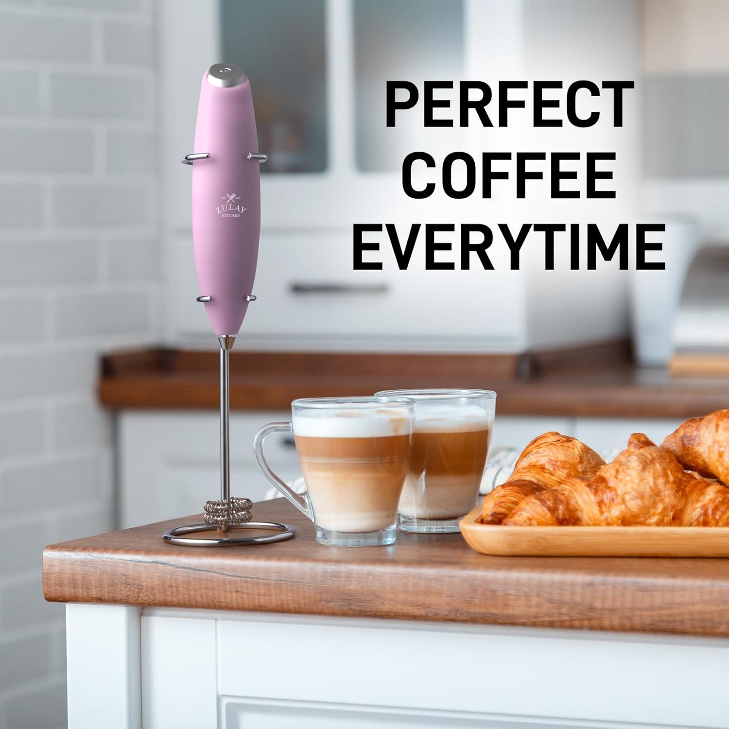 Zulay Kitchen Powerful Double Whisk Milk Frother Handheld - Foam Maker with Stand - Whisk Drink Mixer for Coffee, Mini Foamer for Latte, Matcha, Frappe, Hot Chocolate & Cappuccino (Black) - PuriLite