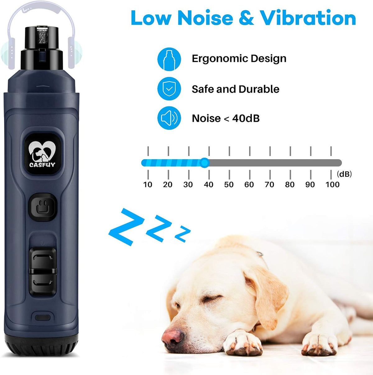 Casfuy Dog Nail Grinder with 2 LED Light - New Version 2-Speed Powerful Electric Pet Nail Trimmer Professional Quiet Painless Paws Grooming & Smoothing for Small Medium Large Dogs and Cats (Blue) - PuriLite