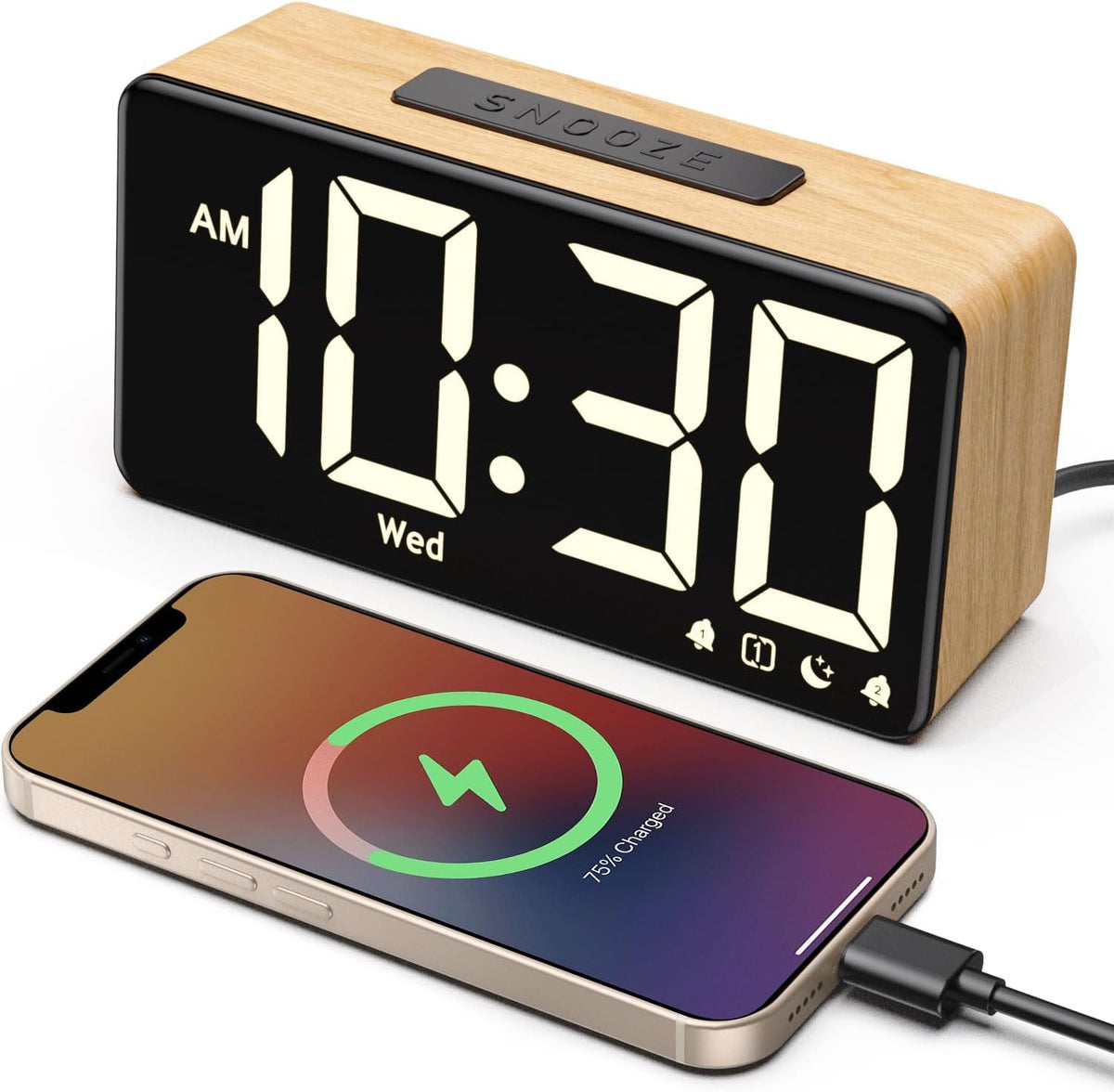 Wood Grain Digital Alarm Clock with Dual Alarms, Large Display, USB Charging Port, Auto Dimming, 9-Minute Snooze, 12/24H Format, Power-Off Memory for Bedroom - PuriLite