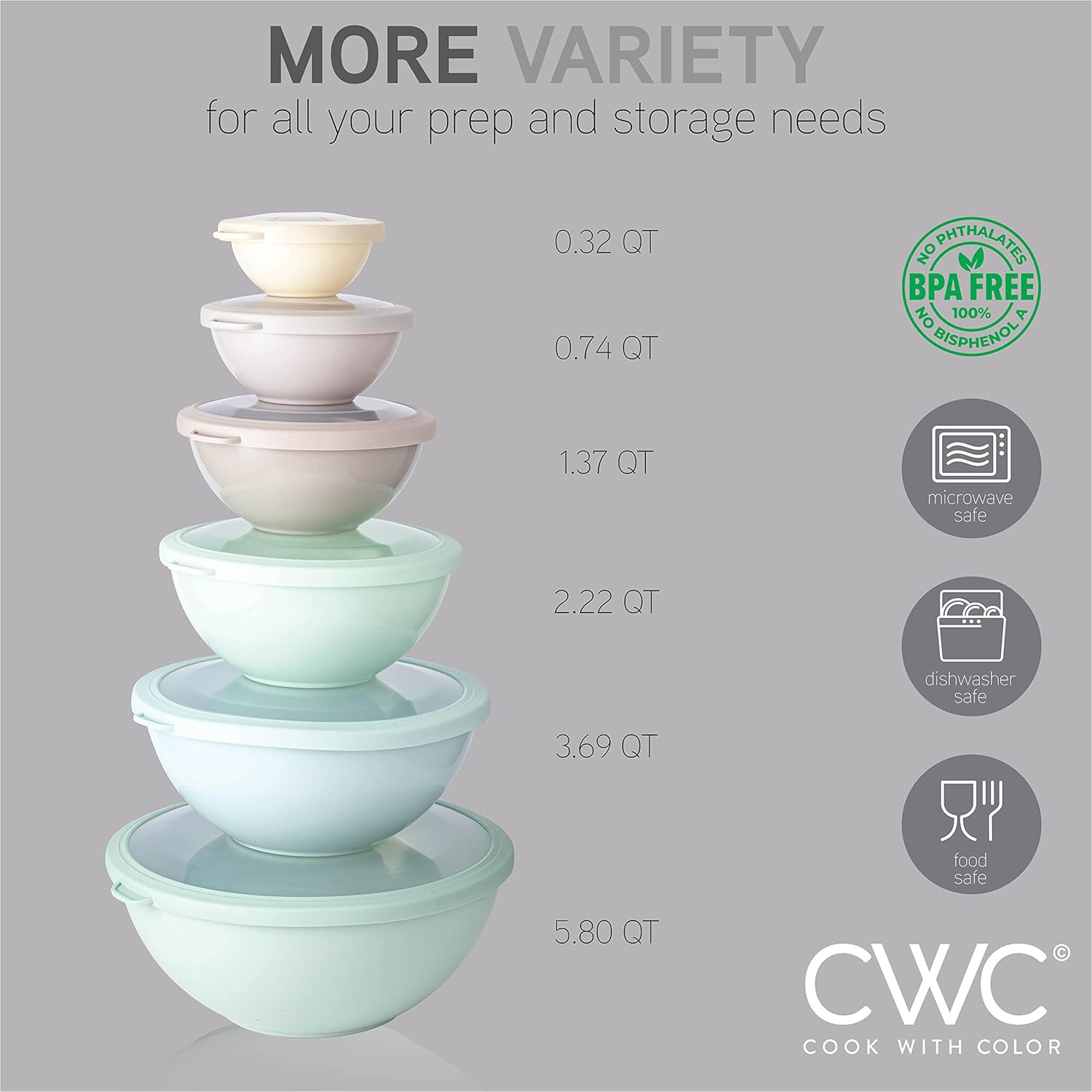 COOK WITH COLOR Mixing Bowls with TPR Lids - 12 Piece Plastic Nesting Bowls Set Includes 6 Prep Bowls and 6 Lids, Microwave Safe Mixing Bowl Set (Mint) - PuriLite