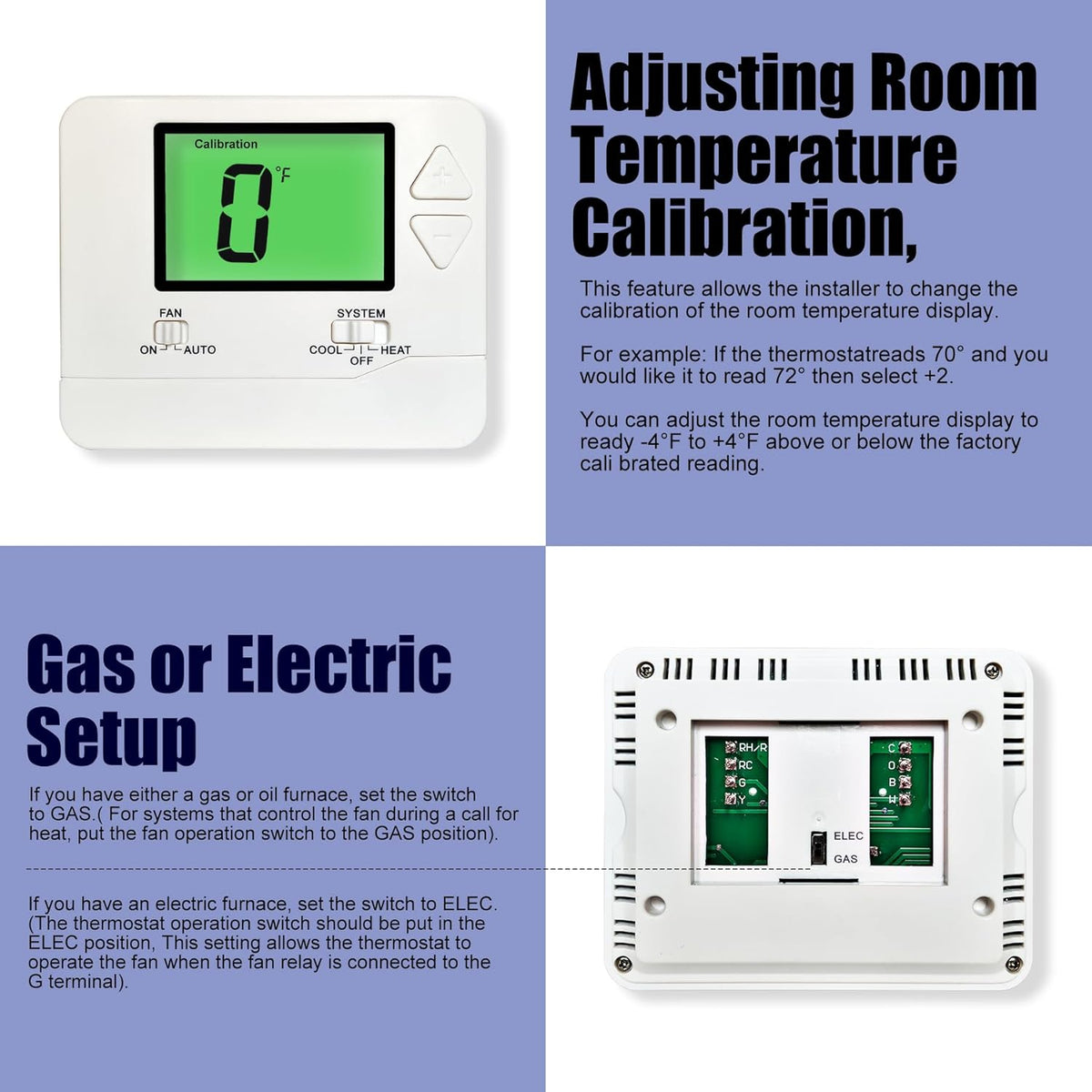 Heagstat Non-Programmable Thermostats for Home Single-Stage 1 Heat/ 1 Cool (with Green Backlight) - PuriLite