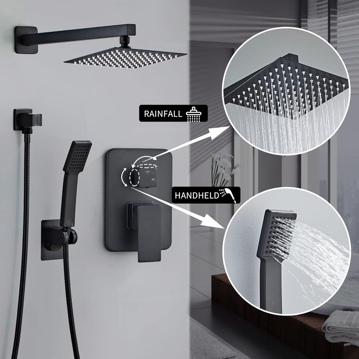 LCEVCGK Shower Faucet Set Complete Matte Black Shower System with 8 inch Square Rainfall Shower Head 3-Function Handheld Shower Waterfall Bathtub Spout Rain Shower Combo Set Bathroom Wall Mounted - PuriLite