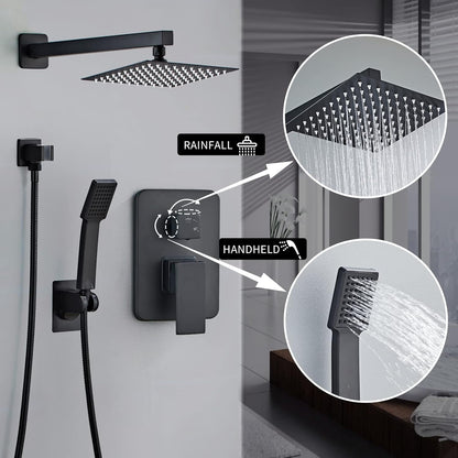 LCEVCGK Shower Faucet Set Complete Matte Black Shower System with 8 inch Square Rainfall Shower Head 3-Function Handheld Shower Waterfall Bathtub Spout Rain Shower Combo Set Bathroom Wall Mounted - PuriLite