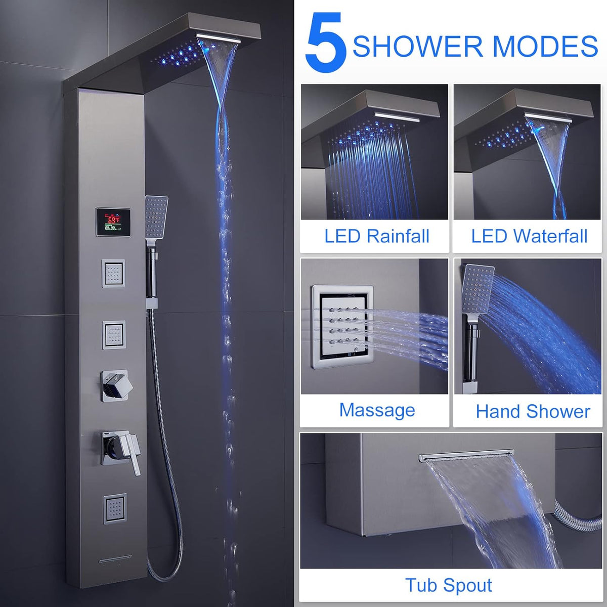 LED Shower Panel Tower System Black, MENATT 304 Stainless Steel 5-Function Shower Panel Rainfall Waterfall Shower Rain Massage System with Body Jets - PuriLite