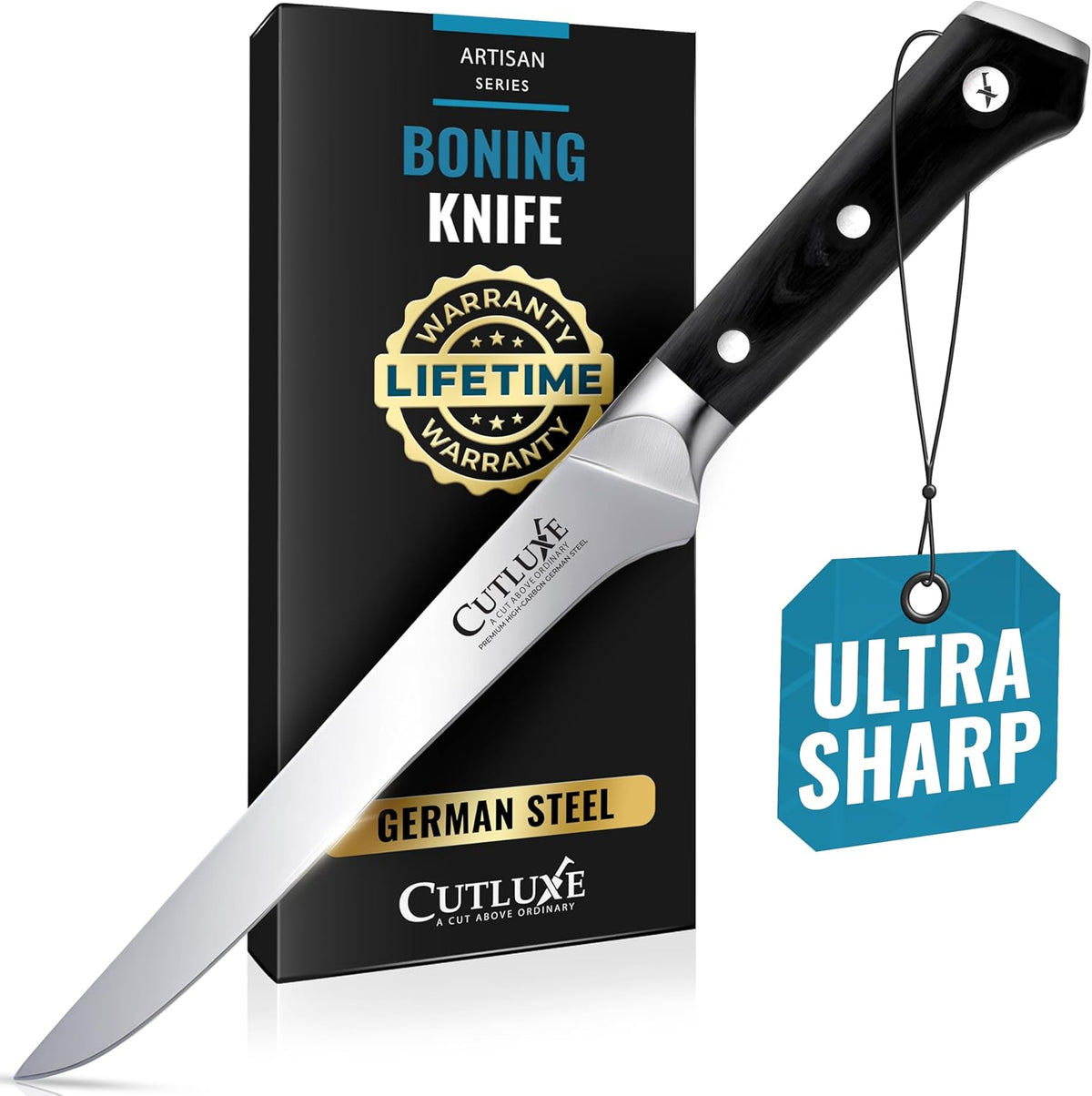 Cutluxe Curved Boning Knife – 6" Boning Knife for Meat Cutting, Fillet Knife – High Carbon German Steel, Full Tang & Ergonomic Handle Design – Artisan Series - PuriLite