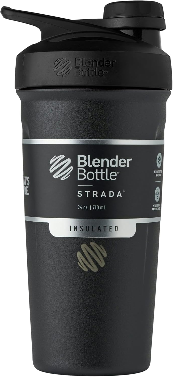 BlenderBottle Strada Twist Cap Shaker Cup Insulated Stainless Steel Water Bottle with Wire Whisk, 24-Ounce, Black - PuriLite