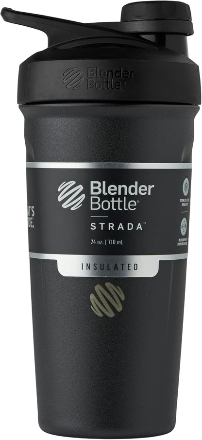 BlenderBottle Strada Twist Cap Shaker Cup Insulated Stainless Steel Water Bottle with Wire Whisk, 24-Ounce, Black - PuriLite