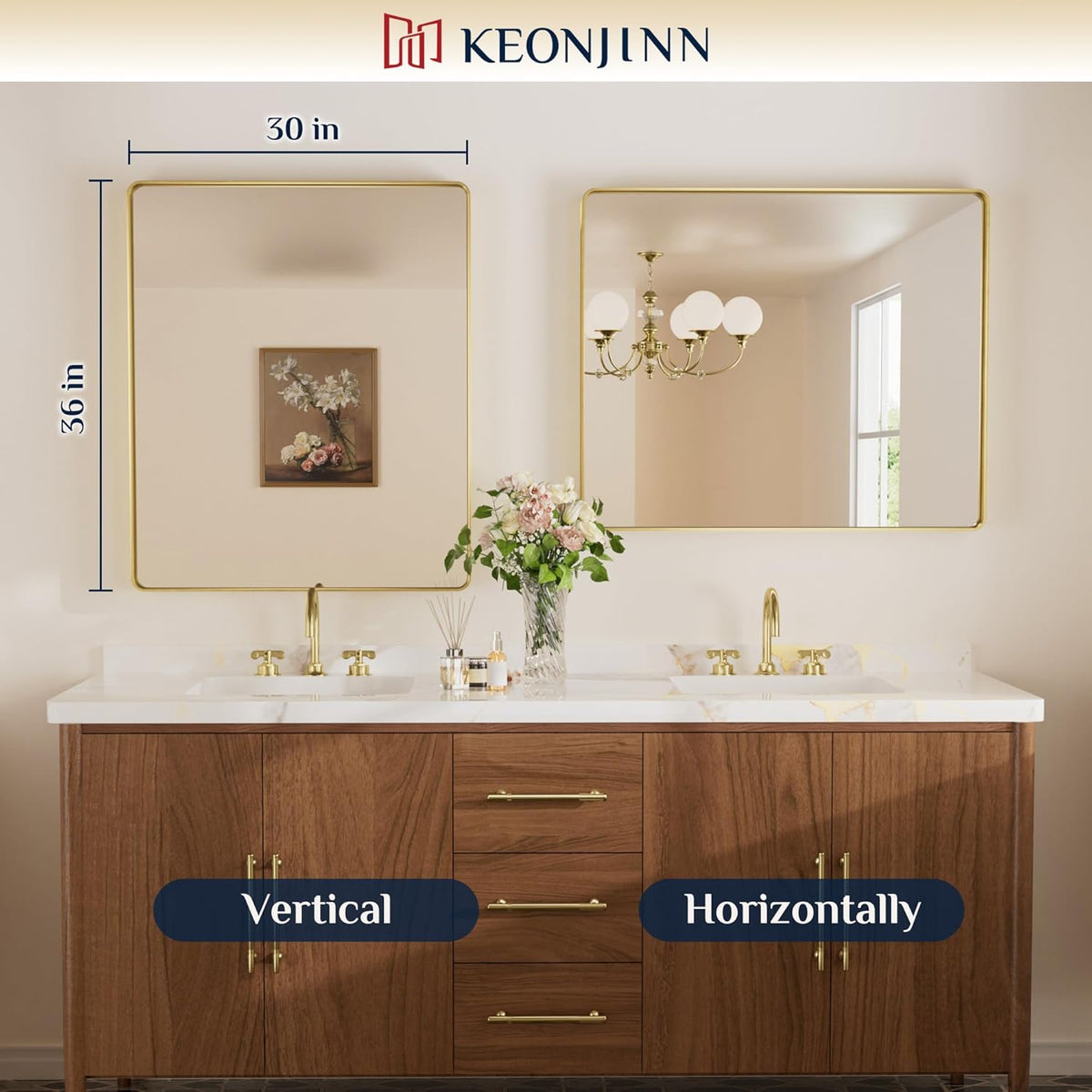 Keonjinn 42 x 36 Brushed Nickel Bathroom Vanity Mirror, Large Rounded Rectangle Bathroom Mirrors for over Sink, Metal Framed Silver Mirror for Wall, Shatterproof HD Tempered Glass(Horizontal/Vertical) - PuriLite