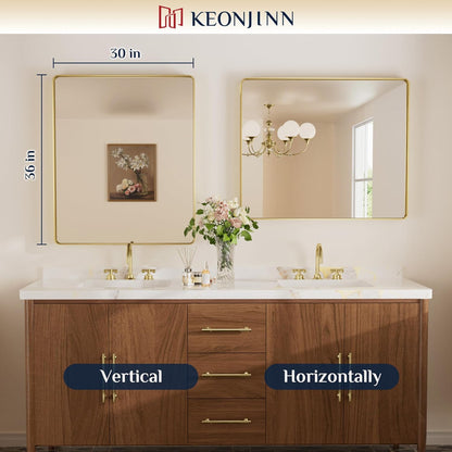 Keonjinn 42 x 36 Brushed Nickel Bathroom Vanity Mirror, Large Rounded Rectangle Bathroom Mirrors for over Sink, Metal Framed Silver Mirror for Wall, Shatterproof HD Tempered Glass(Horizontal/Vertical) - PuriLite