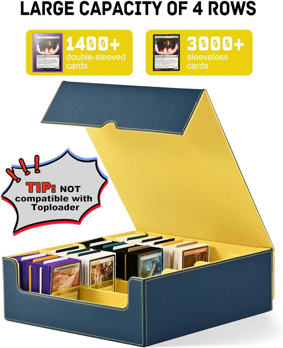 ZLCA Card Storage Box for MTG PTCG, Commander Deck Box Holds 3000+ Cards, Card Storage Case with 4 Stoppers, Card Organizer for TCG Sport Cards (Black) - PuriLite