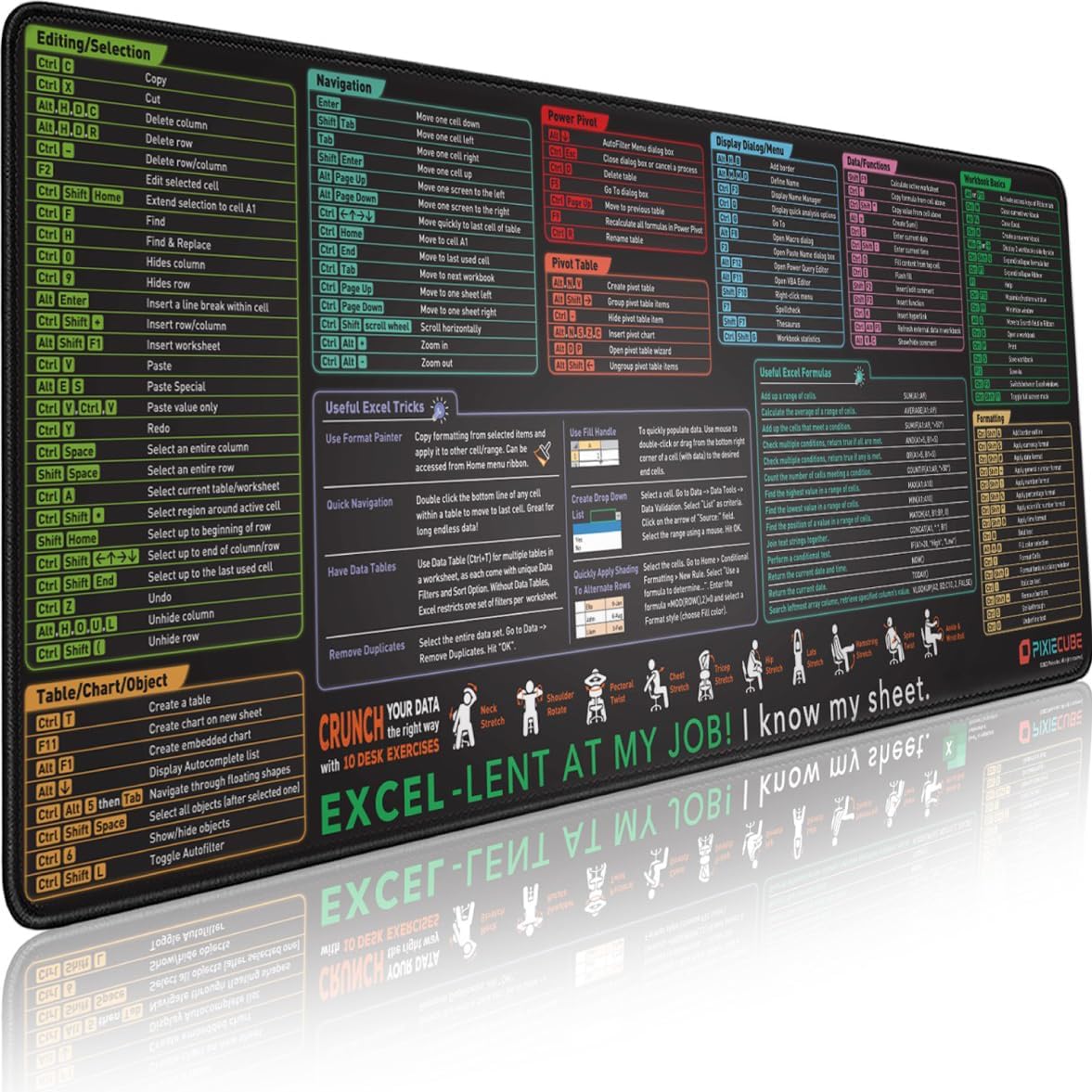 Excel Shortcut Keys Mouse Pad – Large XL Non-Slip Gaming & Office Desk Mat, Extended Rubber Mousepad with Cheat Sheet for PC & Spreadsheet Productivity - PuriLite