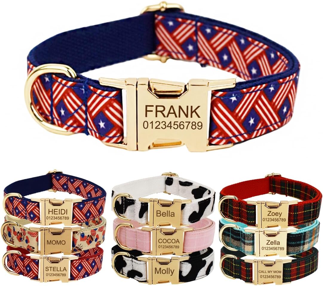 Custom Dog Collar with Metal Buckle - Pet Collars Personalized with Name and Phone Number (Plaid) - PuriLite