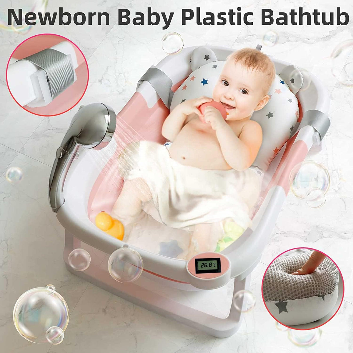 Befol Collapsible Baby Bathtub for Infants to Toddler, Portable Travel Bathtub Multifunctional Bathtub with Drain Hole, Baby Folding Bathtub for Newborn 0-36 Month (Blue+Floating Baby Bath Cushion Pink - PuriLite